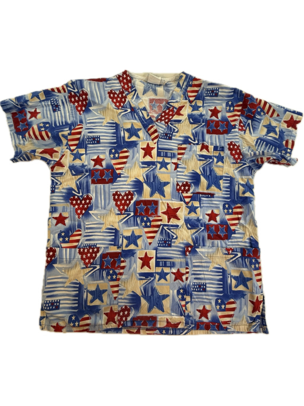 Peaches Uniforms Patriotic Scrub Top USA Flag Stars Hearts 100% Cotton Women’s S
